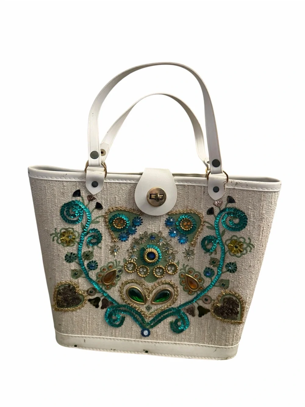 Embroidered White Tote with Teal and Gold Accents
